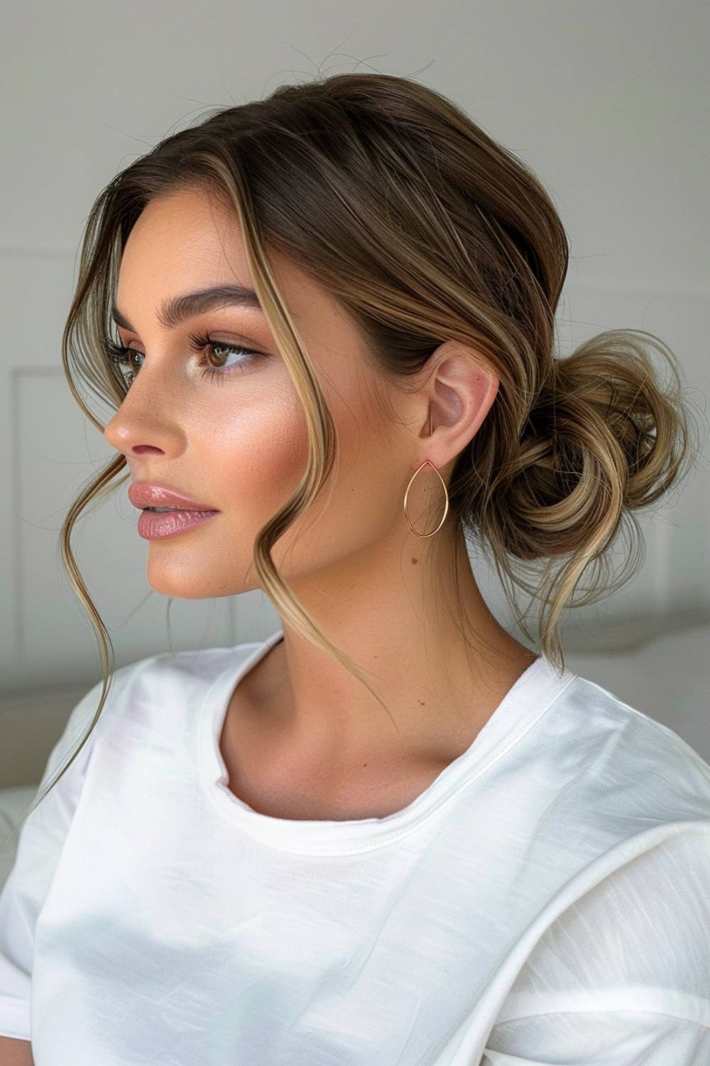 Low messy bun with soft tendrils