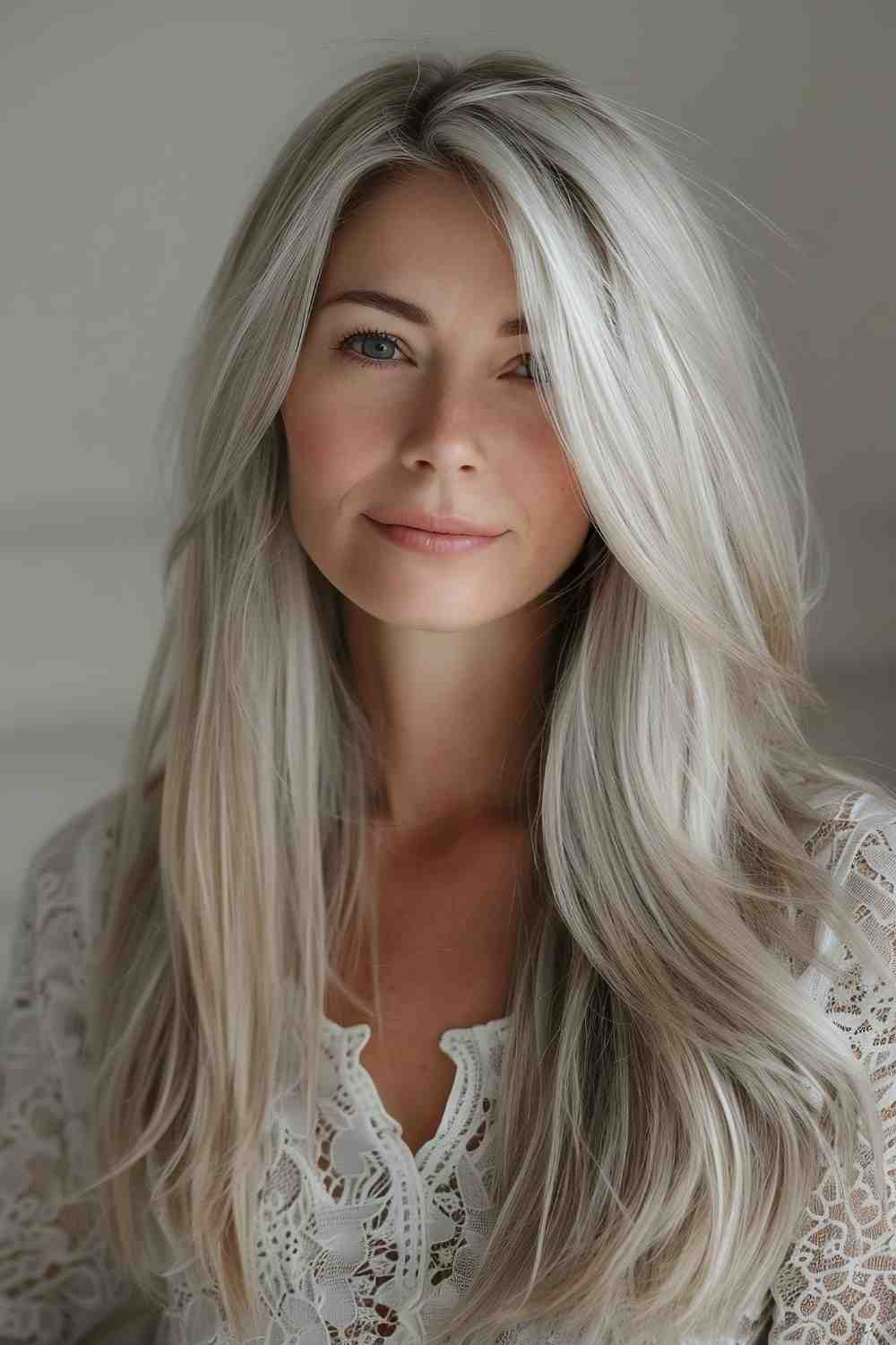 Luminous pearl blonde with soft layers