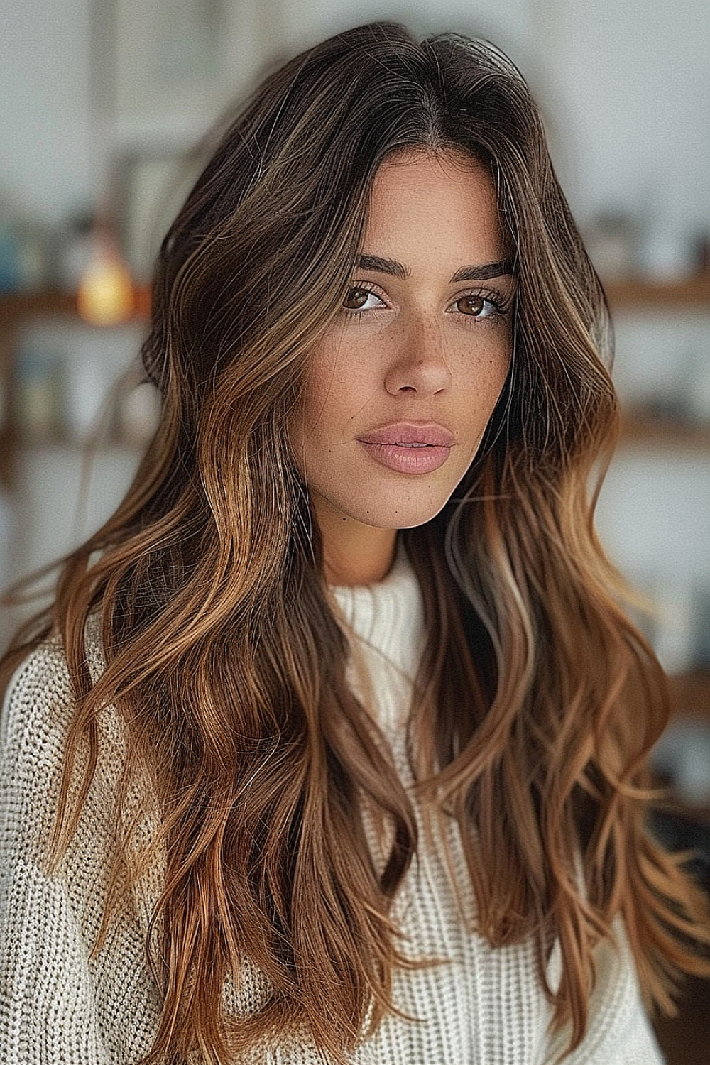 A woman with voluminous layers and warm caramel streaks in her hair