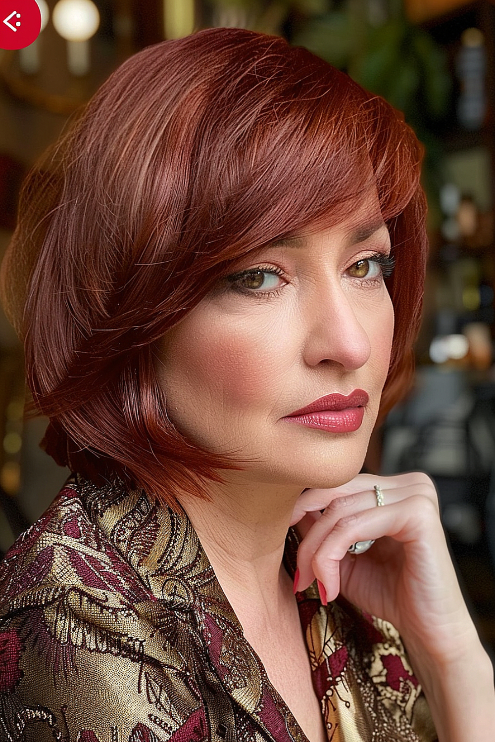 Woman with a mahogany bob and swooping bangs