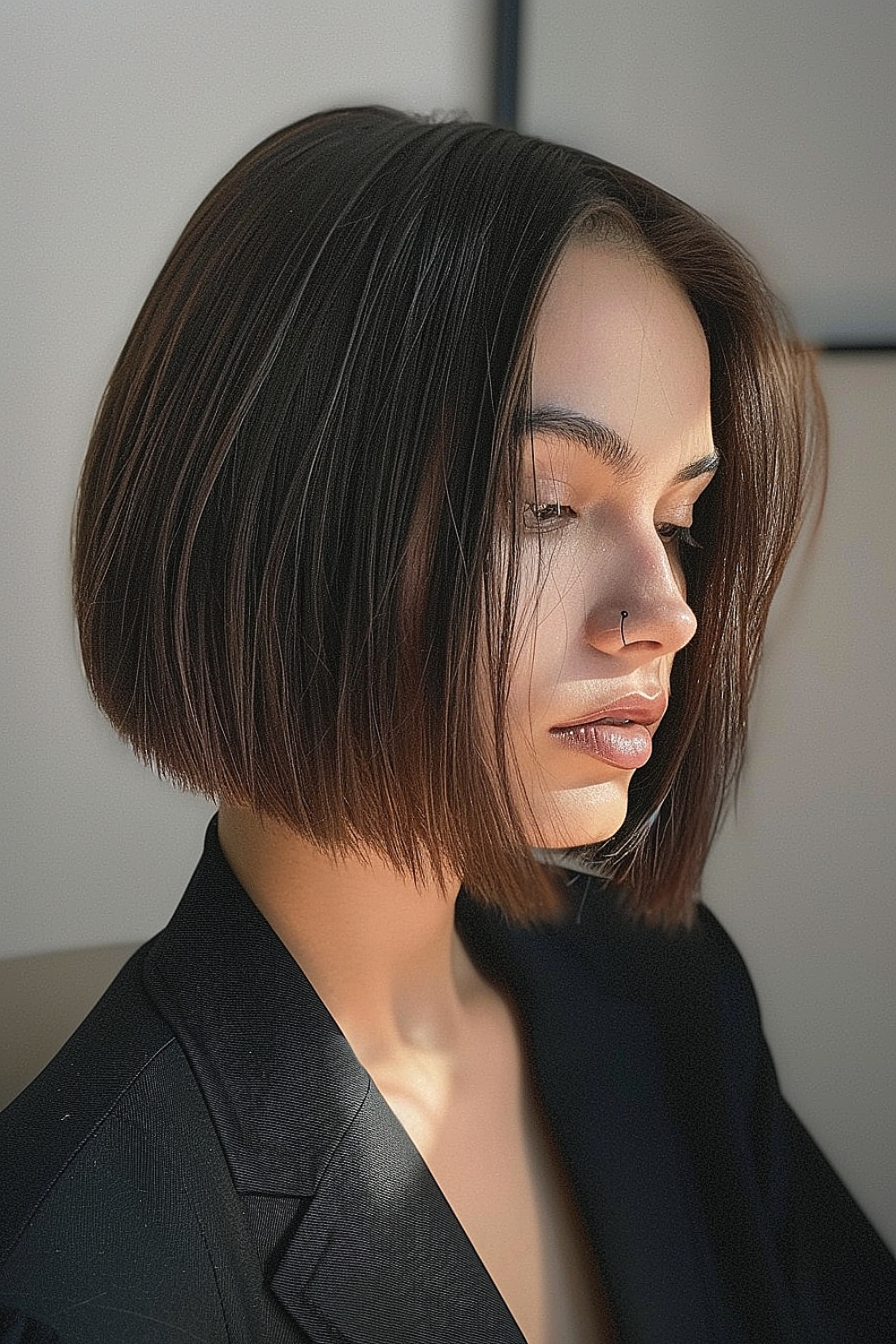 Sleek medium-length bob with blunt ends for fine hair