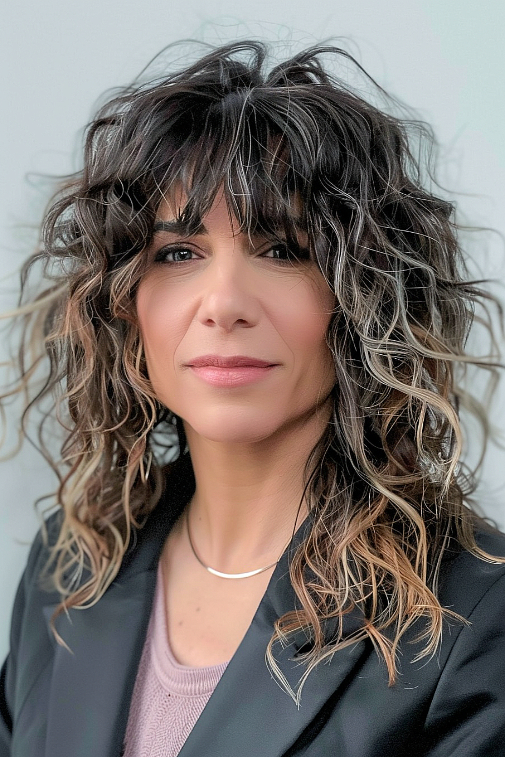 Woman with medium curly cut and bangs for thin hair