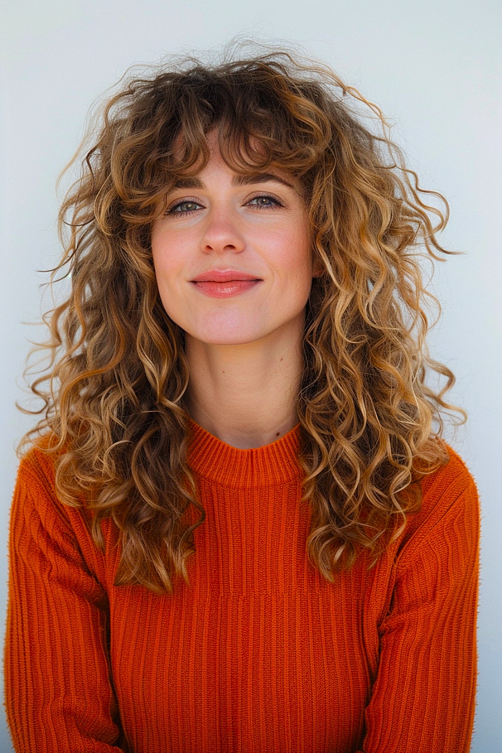 Medium curly hair with bangs