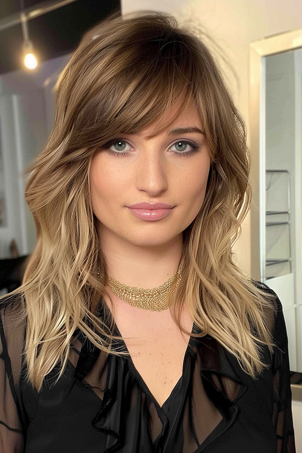 Medium length layered haircut with side bangs