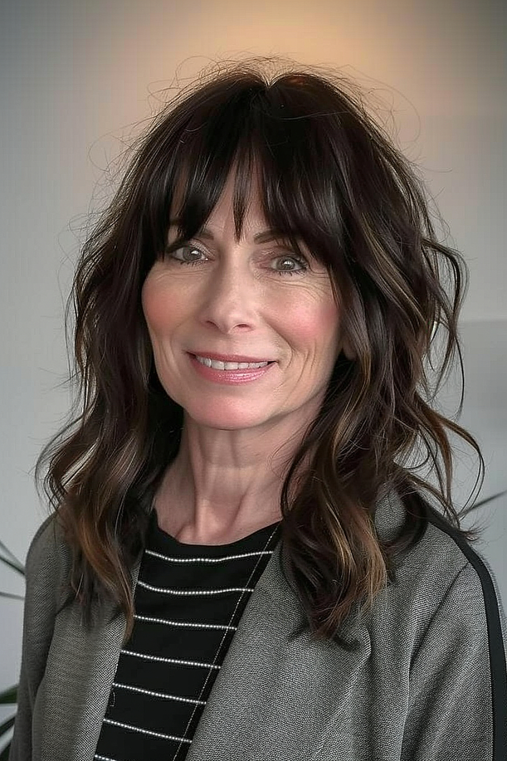 Woman with a medium cut and soft bangs, highlighted in subtle brunette tones