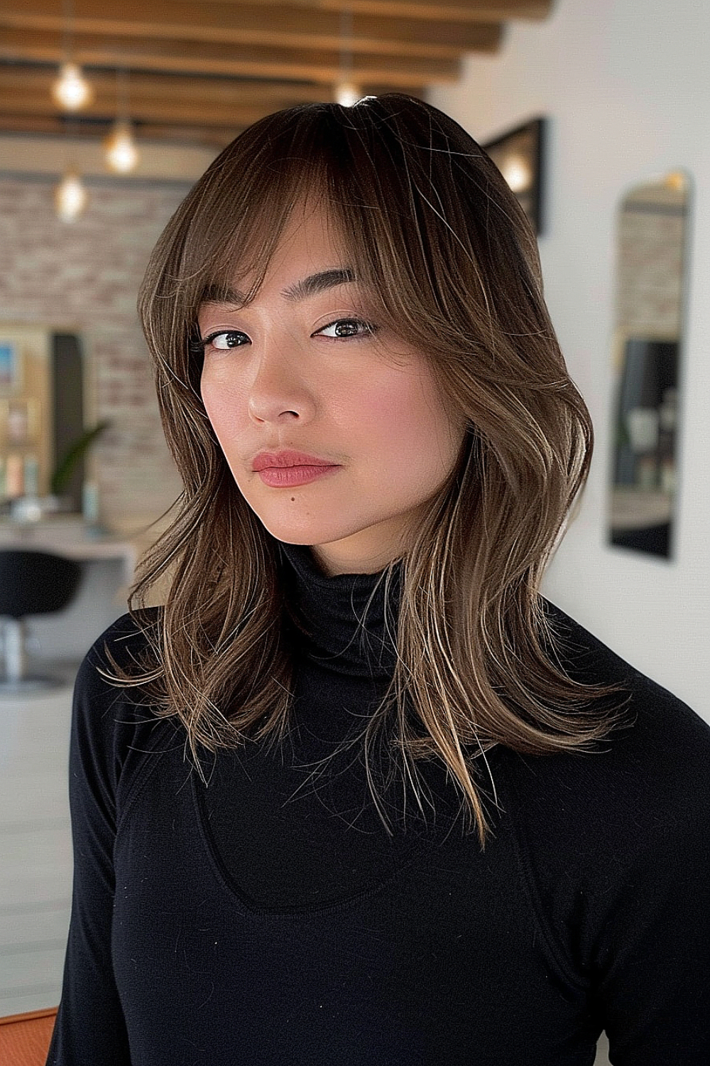 Medium length hair with subtle side bangs