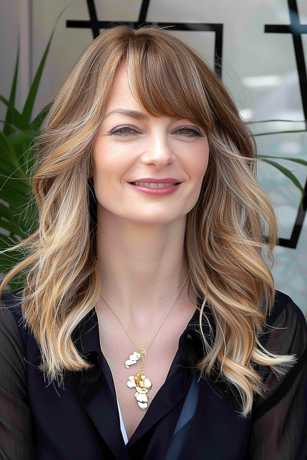 Medium length hair with blonde balayage and side bangs