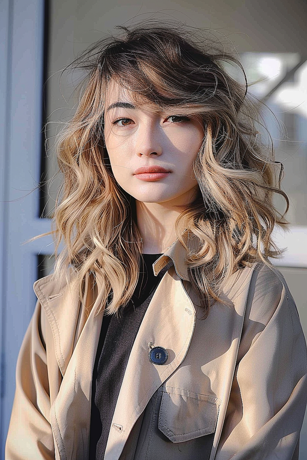 Medium length hair with side bangs and subtle waves