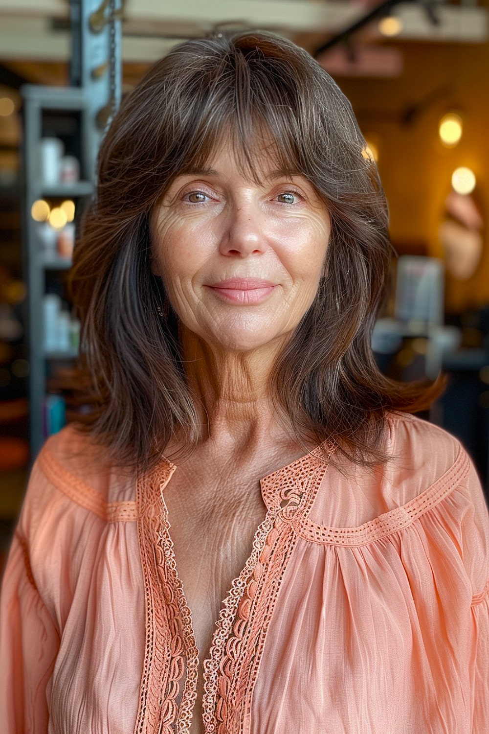 Medium layered hair with bangs for women over 60