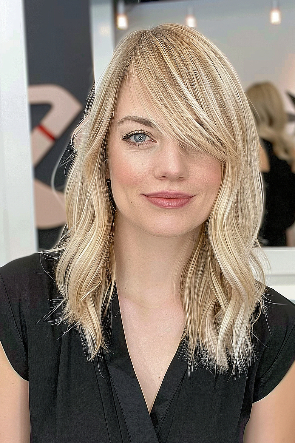 Medium length blonde hairstyle with side bangs