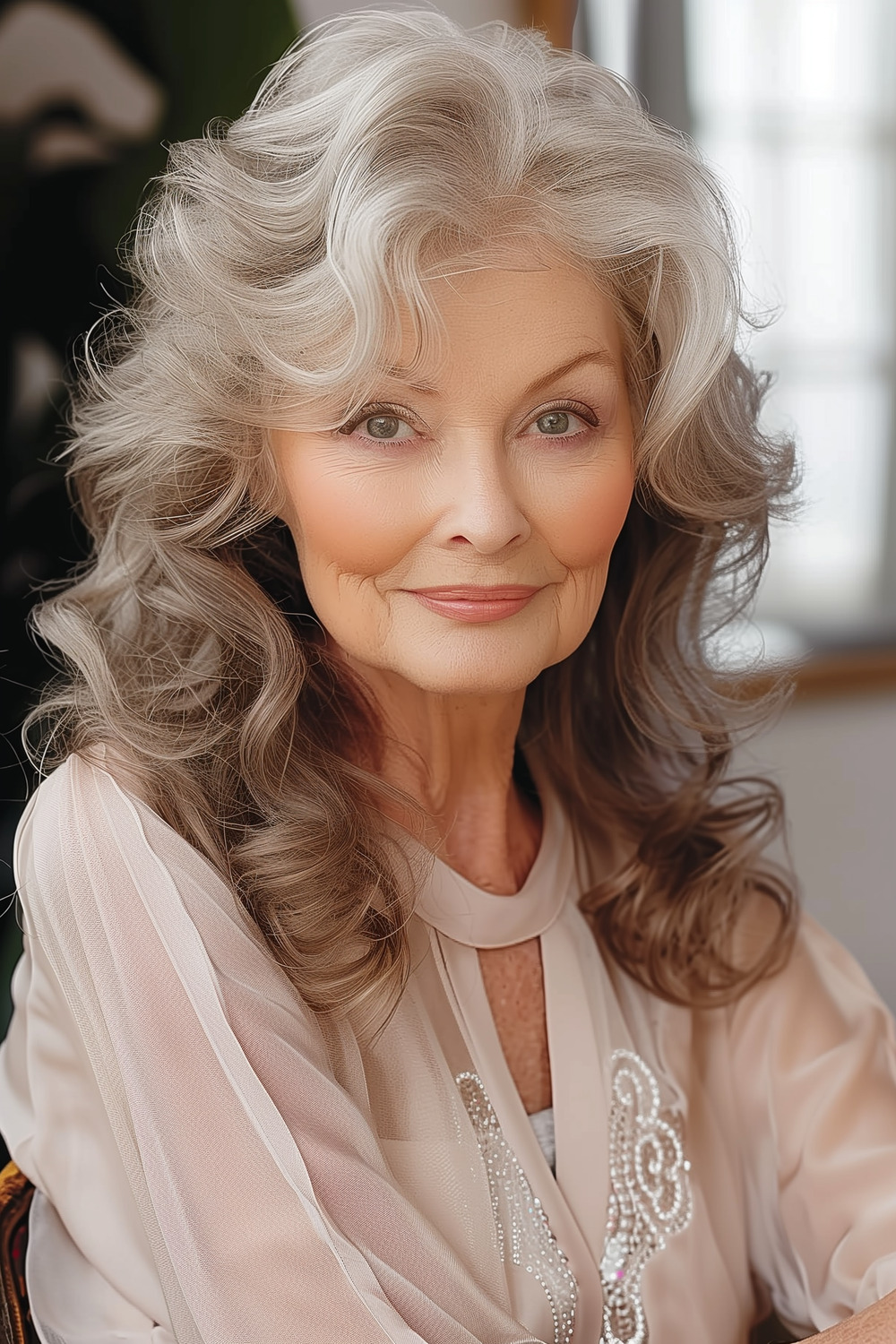 Medium length face framing layers with soft curls for women over 70