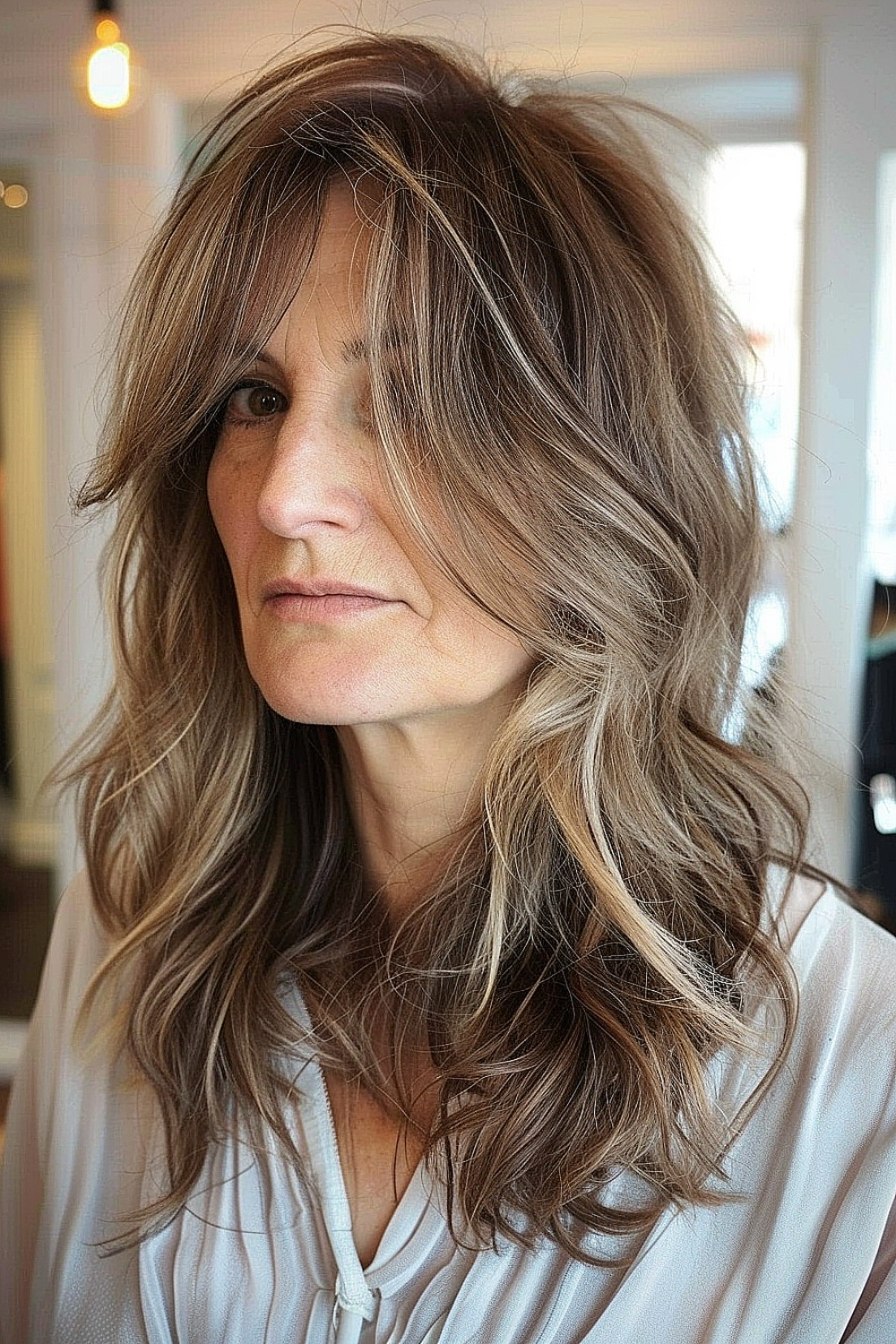 Woman with a medium-length shag haircut featuring flowing waves and blended highlights