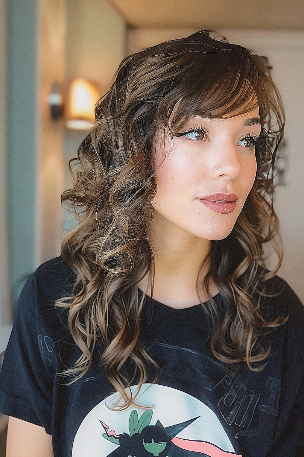 Medium length hair with loose curls and side bangs