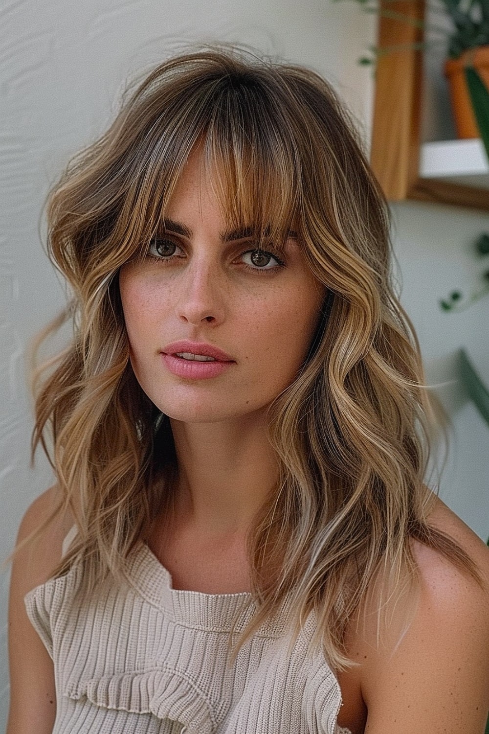 Medium-length shag haircut with soft waves and curtain bangs on fine, highlighted hair