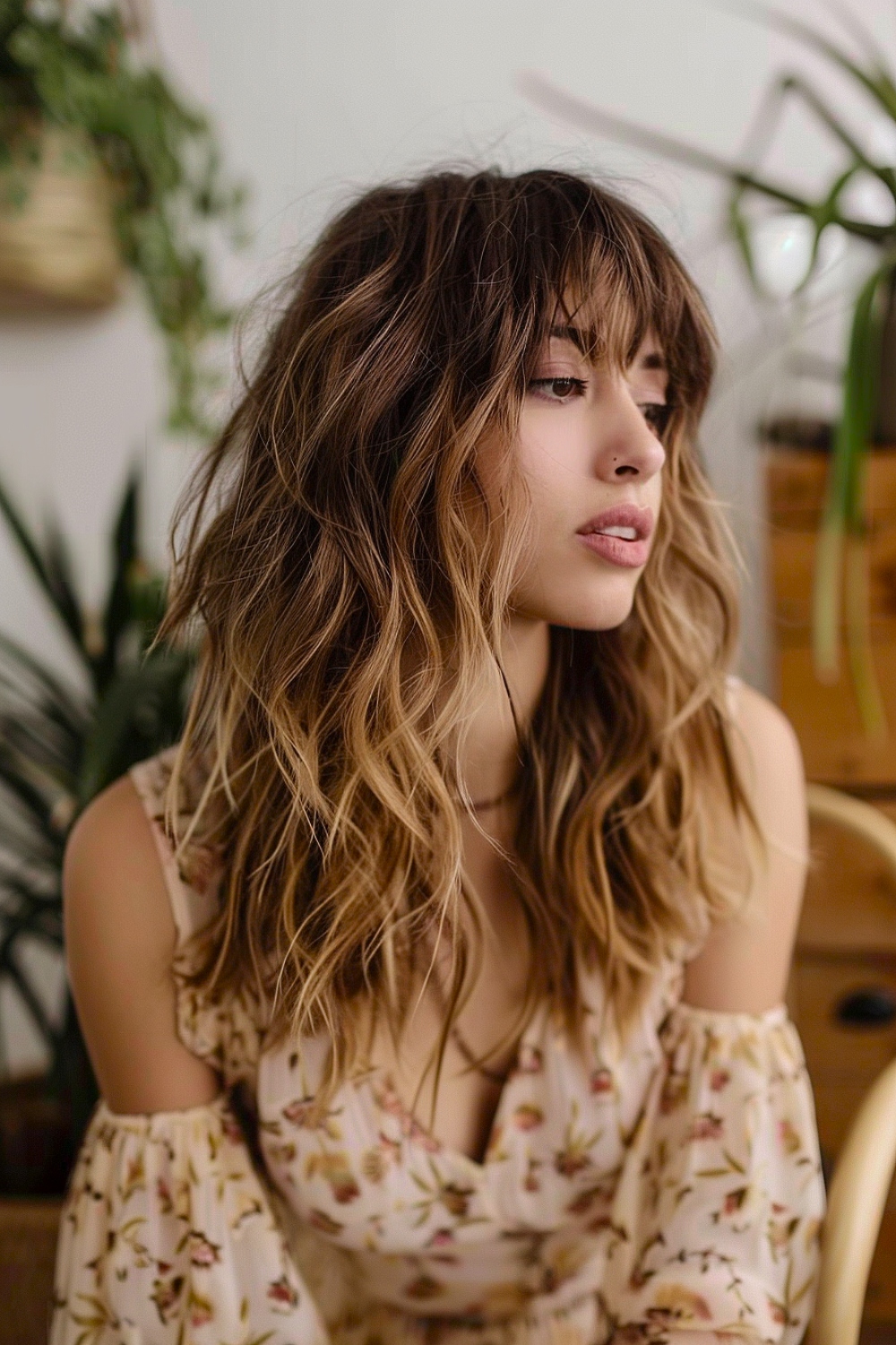 Medium shag haircut with boho waves, curtain bangs, and sun-kissed balayage highlights