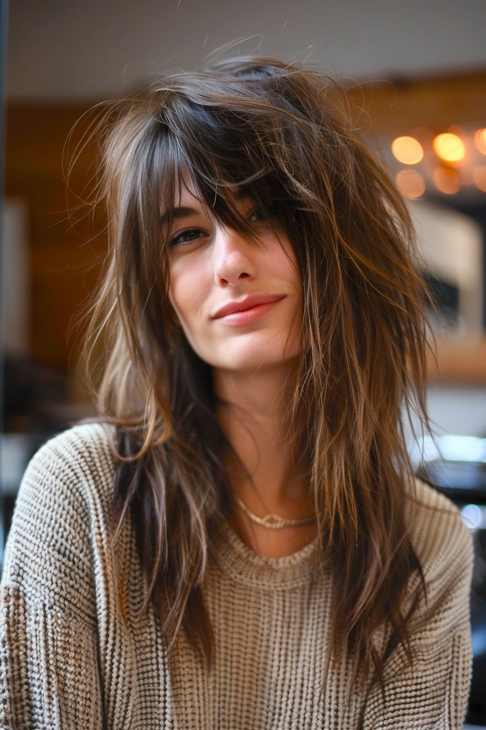 Woman with medium shag haircut and choppy ends