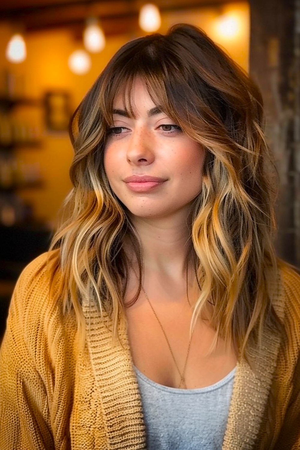 Medium shag haircut with layered ends, curtain bangs, and golden blonde balayage