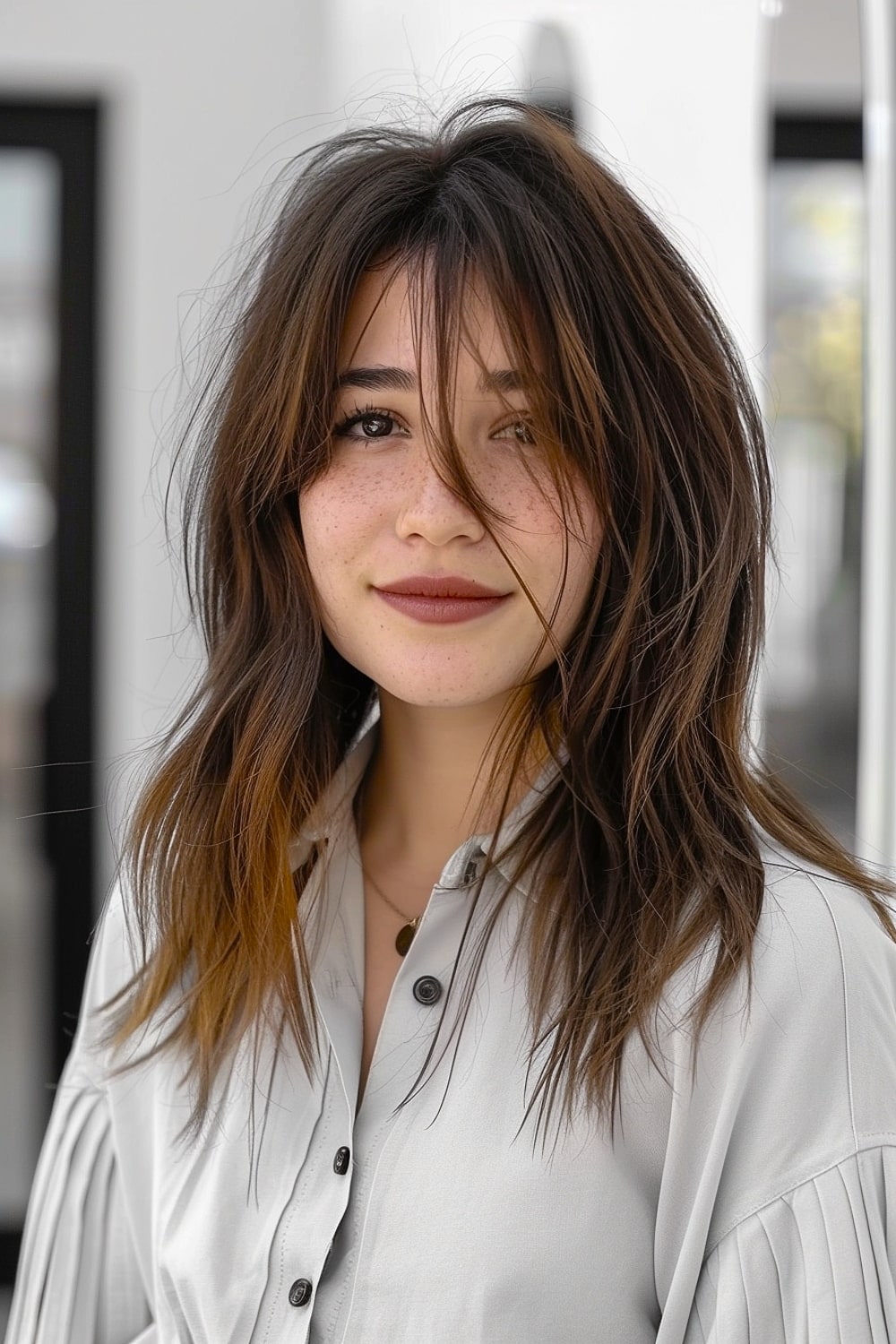 Medium shag haircut with razor-cut layers and face-framing bangs on brunette hair