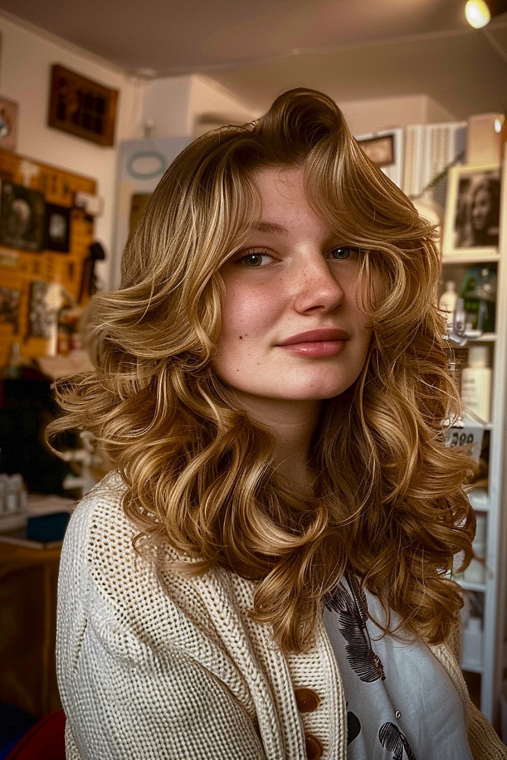 Medium shag haircut with voluminous soft curls and face-framing curtain bangs