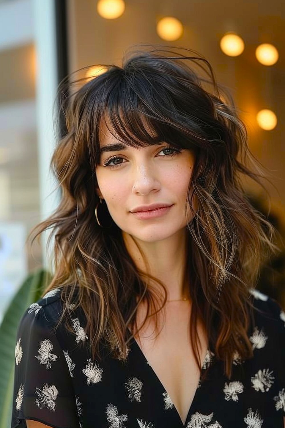 Woman with medium shag haircut and swooping bangs