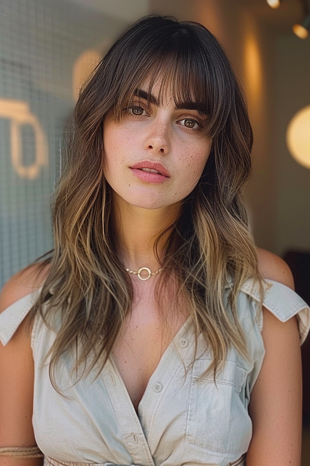 Woman with medium shag haircut and wispy bangs