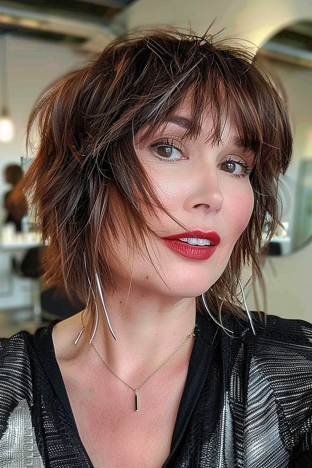 Woman with a messy bob and jagged bangs in a deep brunette shade