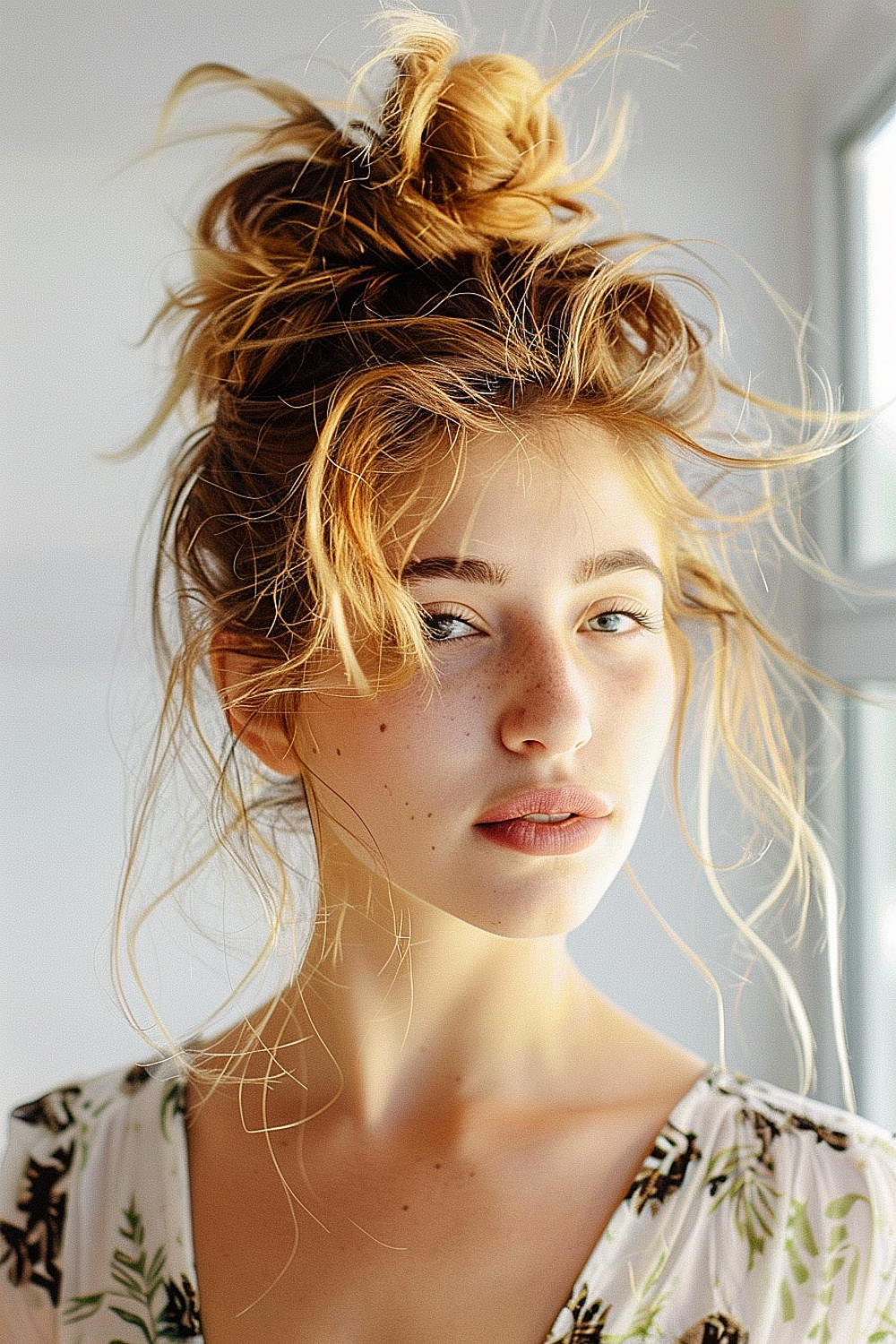 Woman with a messy bun featuring golden highlights