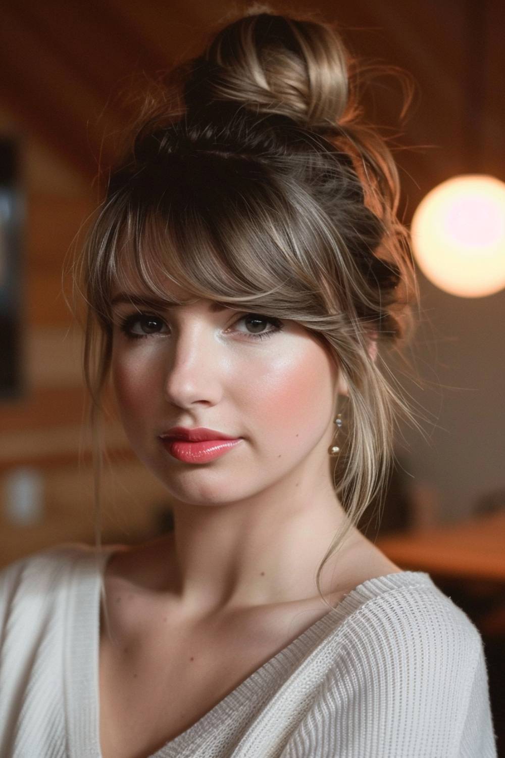 Messy bun with side swept bangs