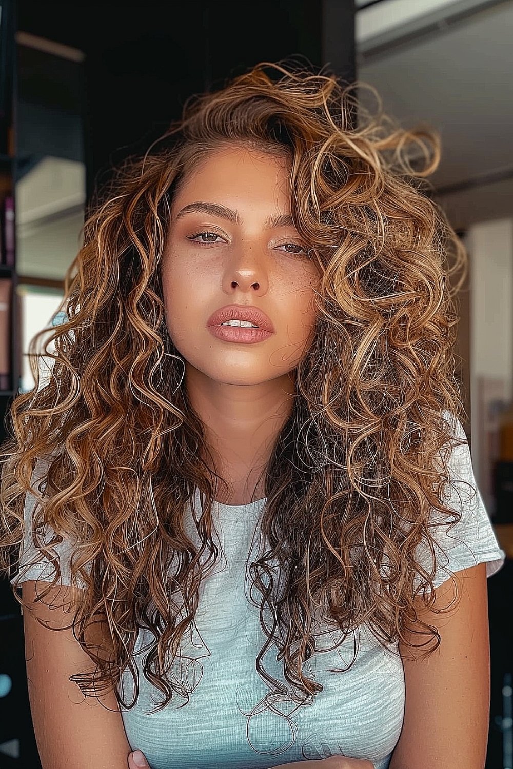 Messy curls with golden brown highlights