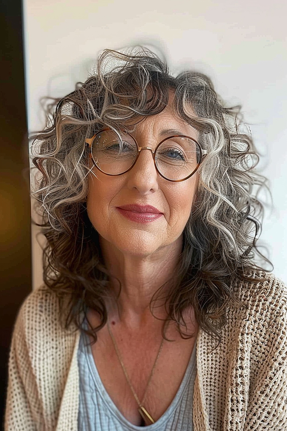 Woman with a messy curly shag hairstyle for women over 70