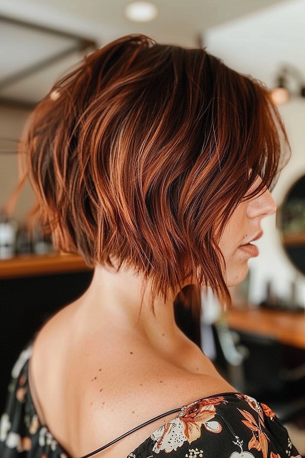 Messy inverted bob with copper highlights