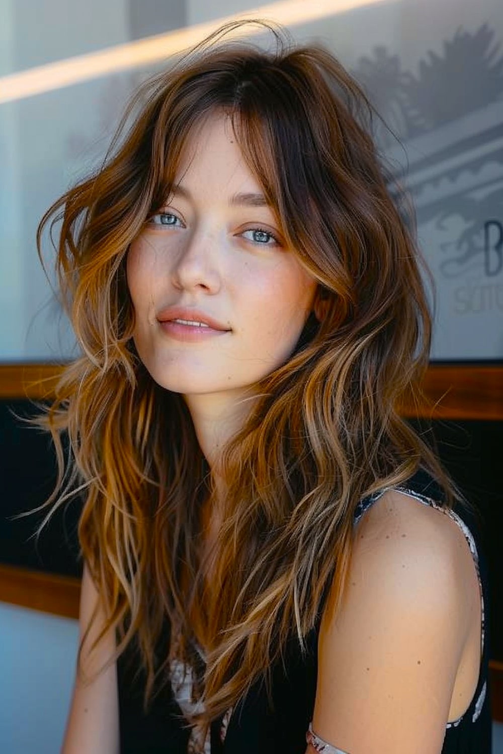 Messy medium shag with long layers and face-framing curtain bangs in warm brunette tones.