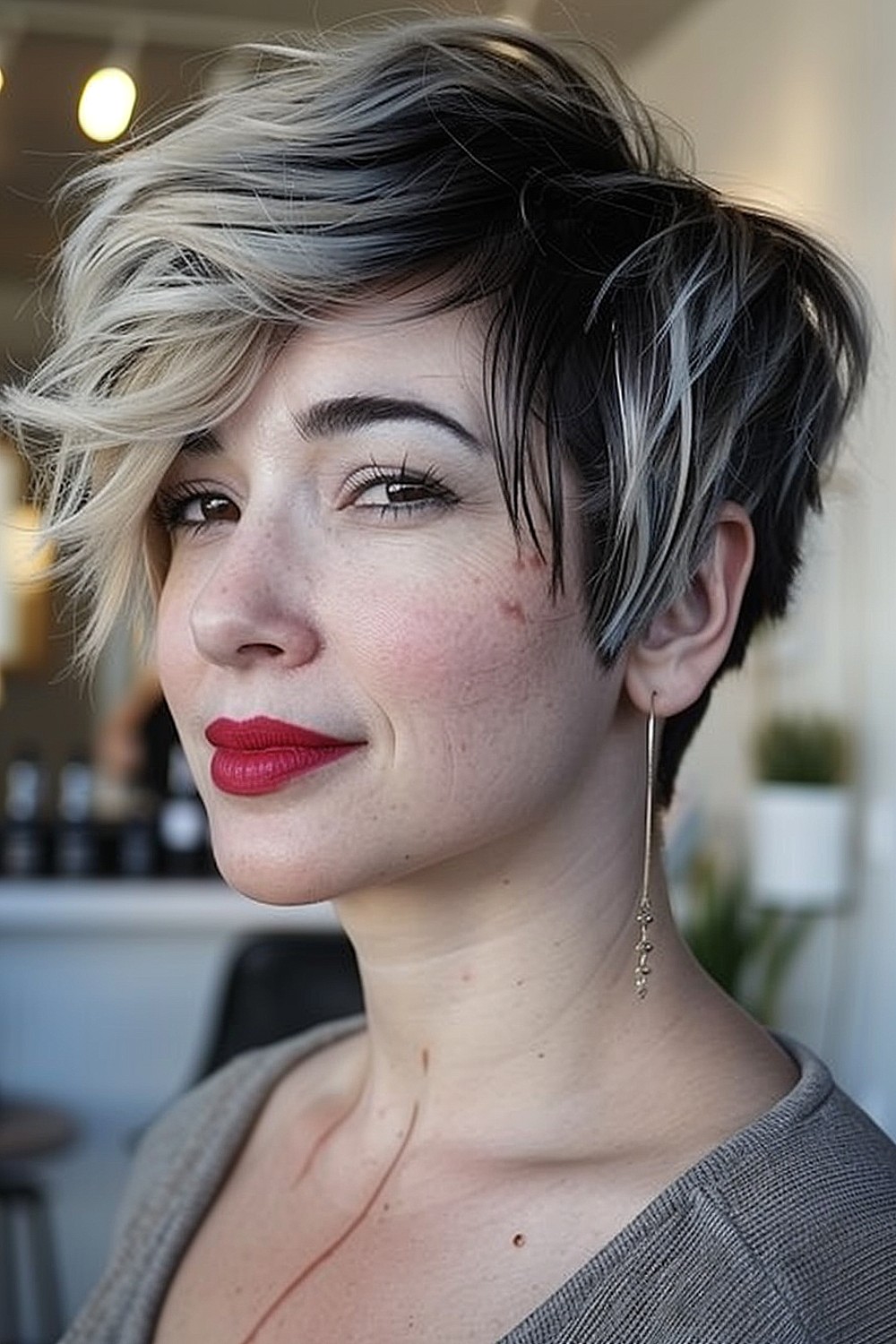 Messy pixie cut with long fringe and blonde highlights