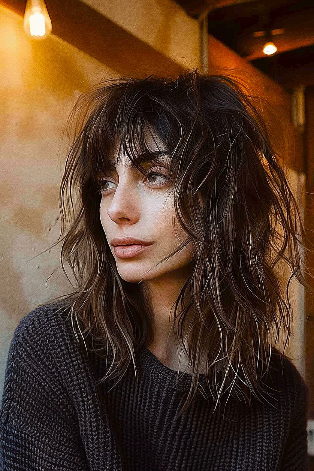 Woman with a messy shag haircut and choppy bangs