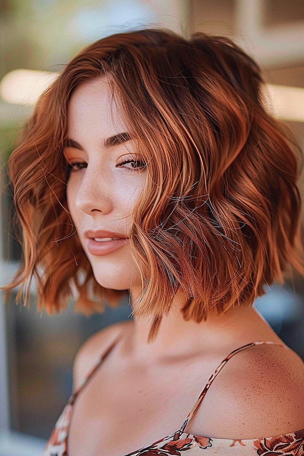 Woman with a messy textured bob and copper highlights