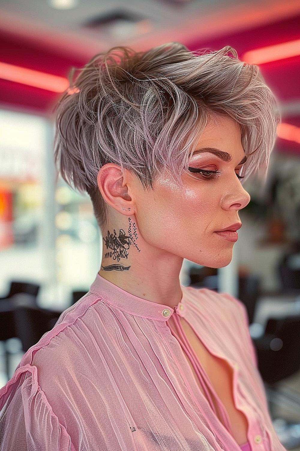 Ash-blonde messy tousled pixie cut