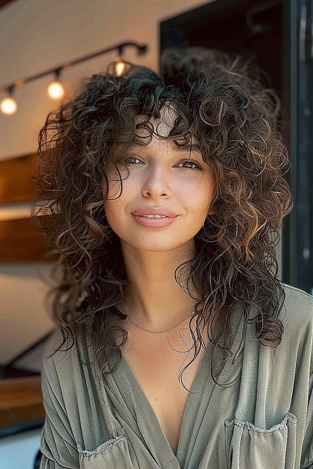 Woman with mid-length curly hair and bangs for volume