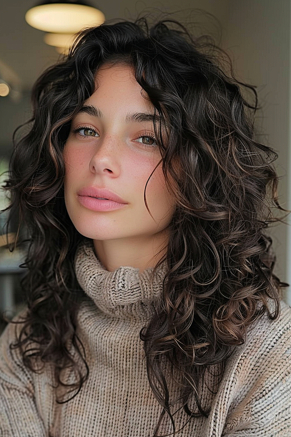 Mid-length curly cut with volume layers for body