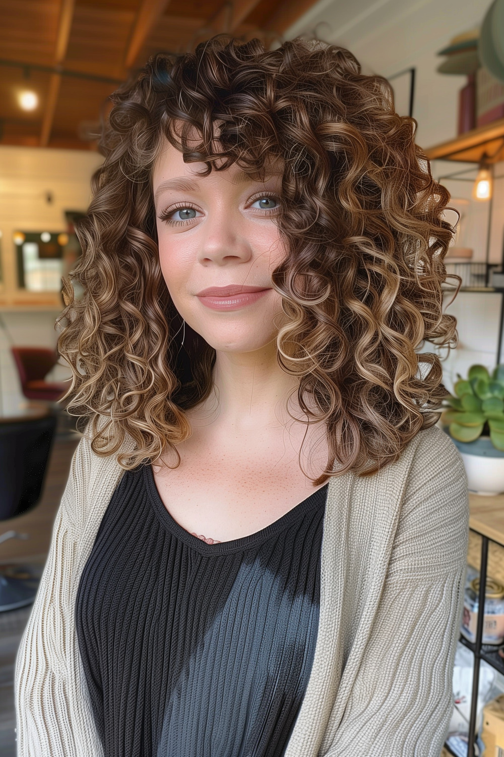 Mid-length curly layers with side-swept bangs