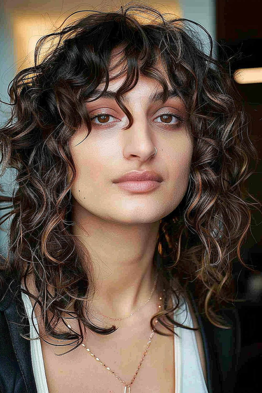 Woman with a mid-length curly shag and wispy bangs