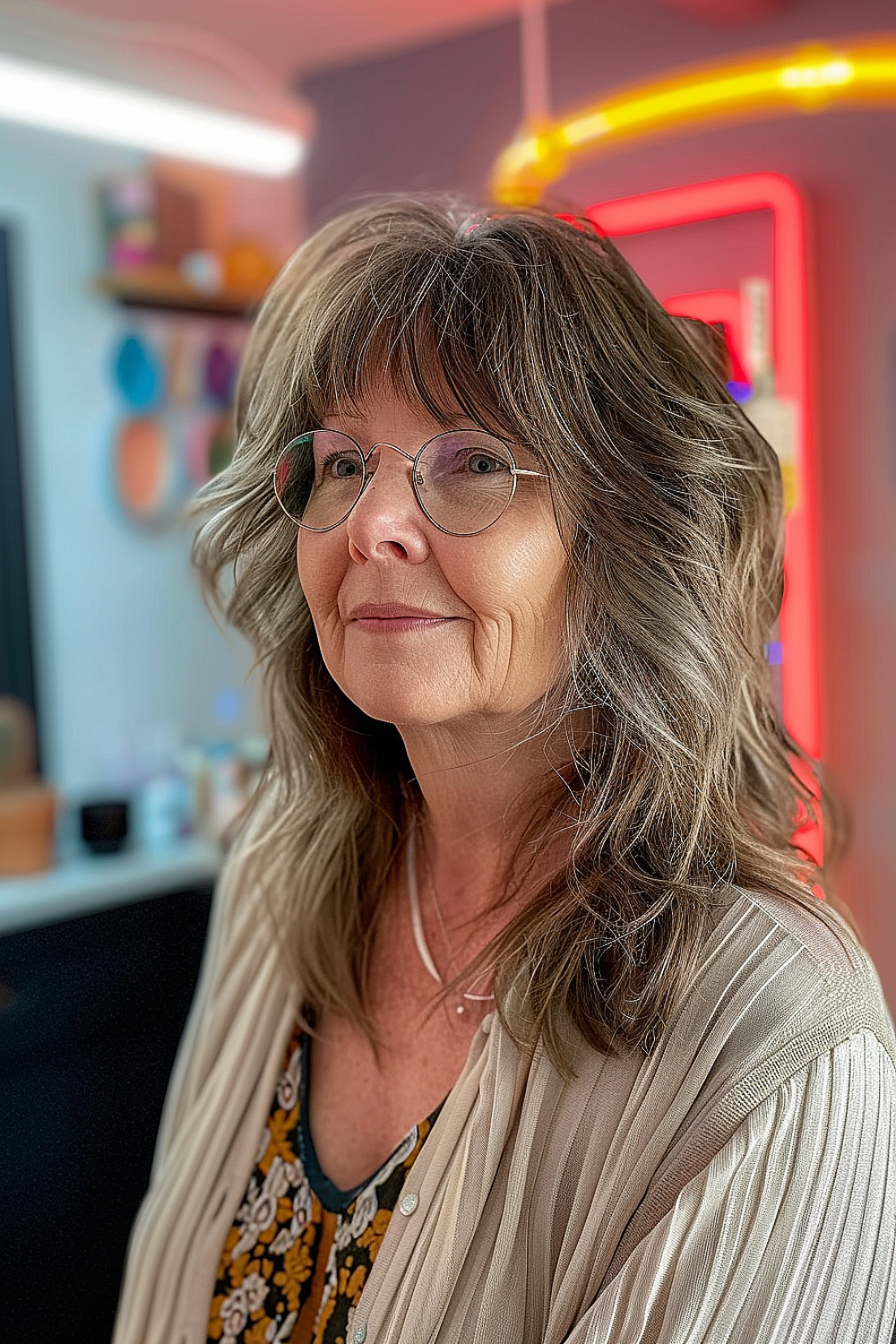 A woman with glasses wearing a mid-length shag haircut with ear-length layers in a blend of warm and cool tones