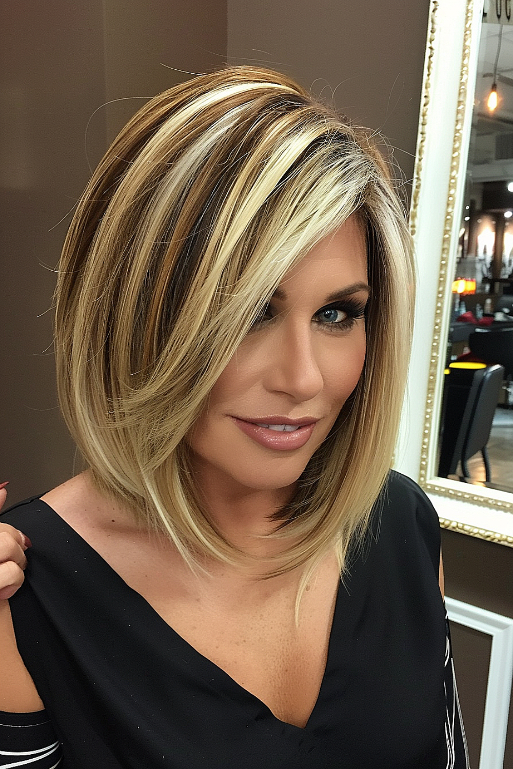 A modern lob haircut with chunky blonde highlights and layered texture.