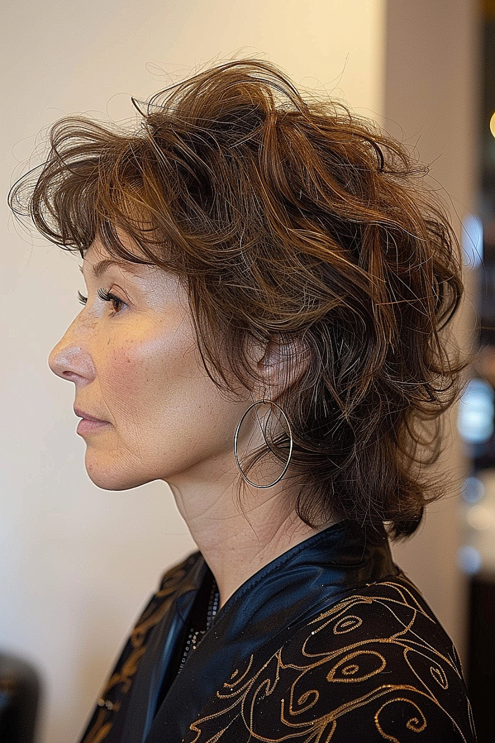 Profile view of a woman with a modern mullet shag hairstyle in warm chestnut tones