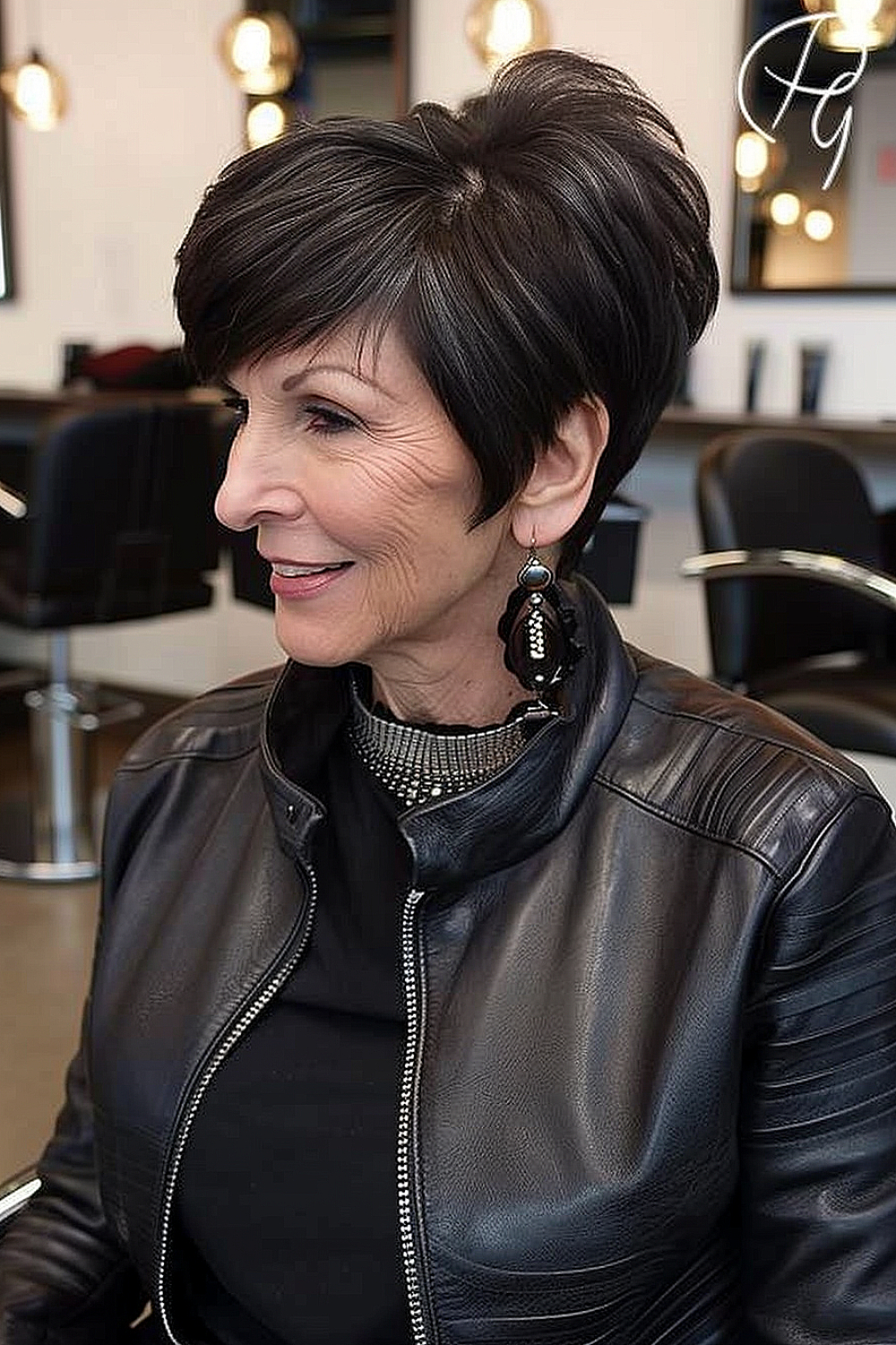 Woman with a sleek modern pixie haircut featuring an angular cut and jet black color