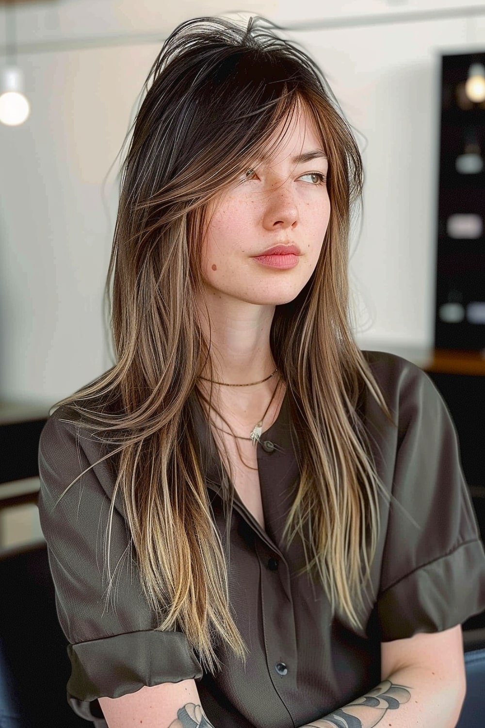 Sleek modern shag cut with face-framing layers and balayage highlights on fine hair