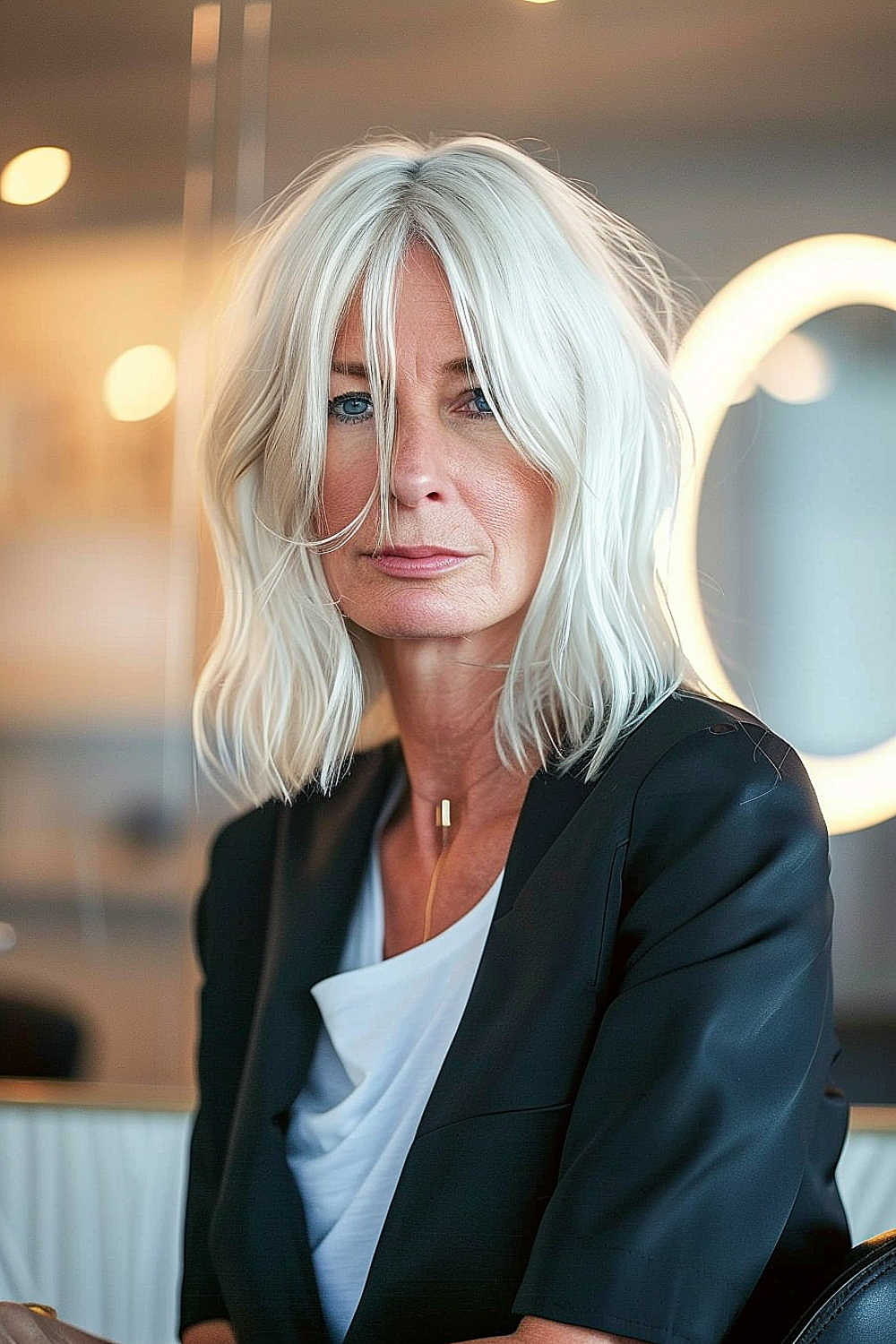 Woman with a modern shag haircut in platinum blonde, featuring sleek contours and long, feathered layers