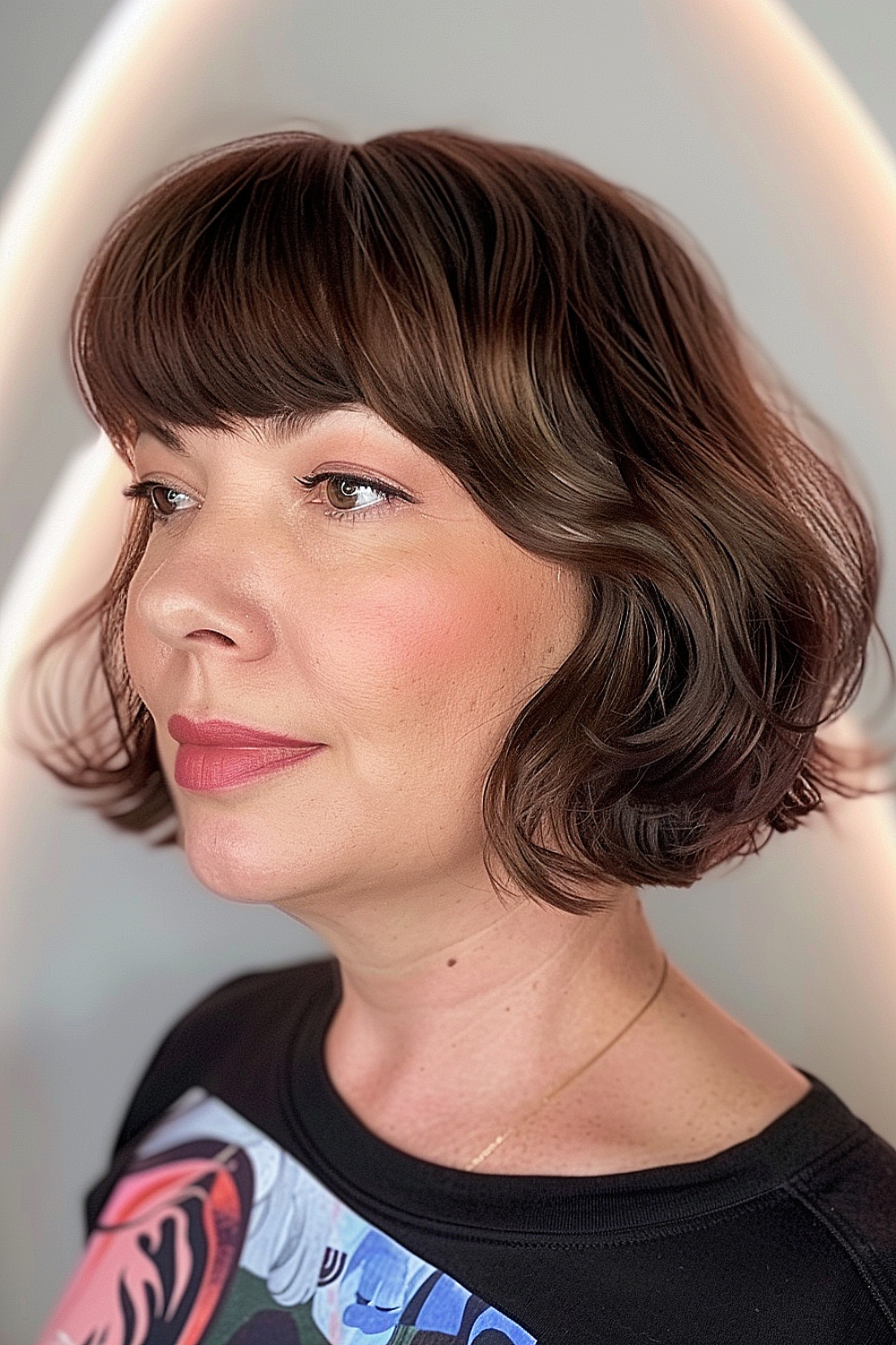 Woman with a multi-layered bob and dynamic, sweeping bangs in a rich chocolate brown