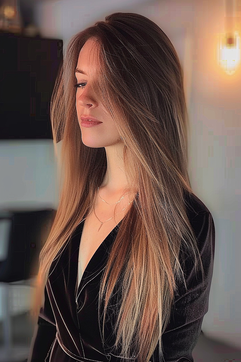 Woman with multi-layered long cut for fine hair