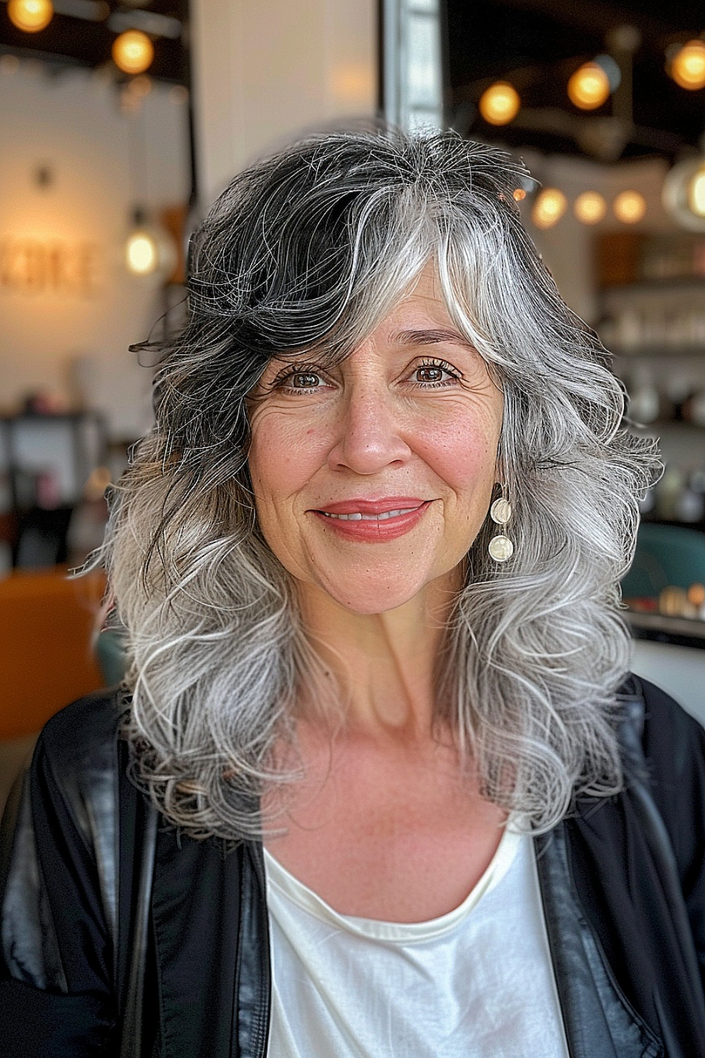 Mature woman with a multi-tonal gray shag haircut, featuring soft layers and natural waves