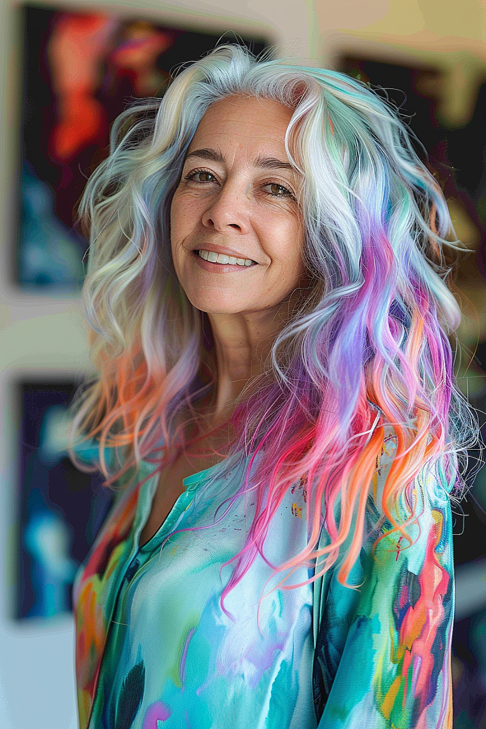 Multi-tonal wavy hair with a blend of pastel and bright colors